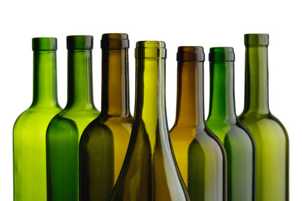 empty wine bottles, isolated on white, close-up view